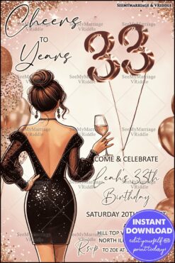 Elegant 33rd Birthday Invitation with Glamorous Black Dress, Glitter Details and Gold Balloon Accents