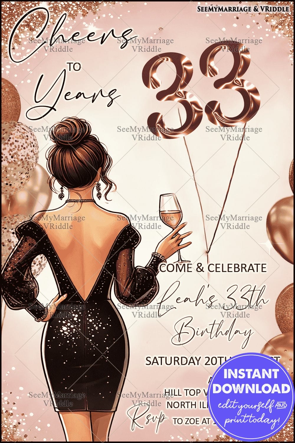 Elegant 33rd Birthday Invitation with Glamorous Black Dress, Glitter Details and Gold Balloon Accents