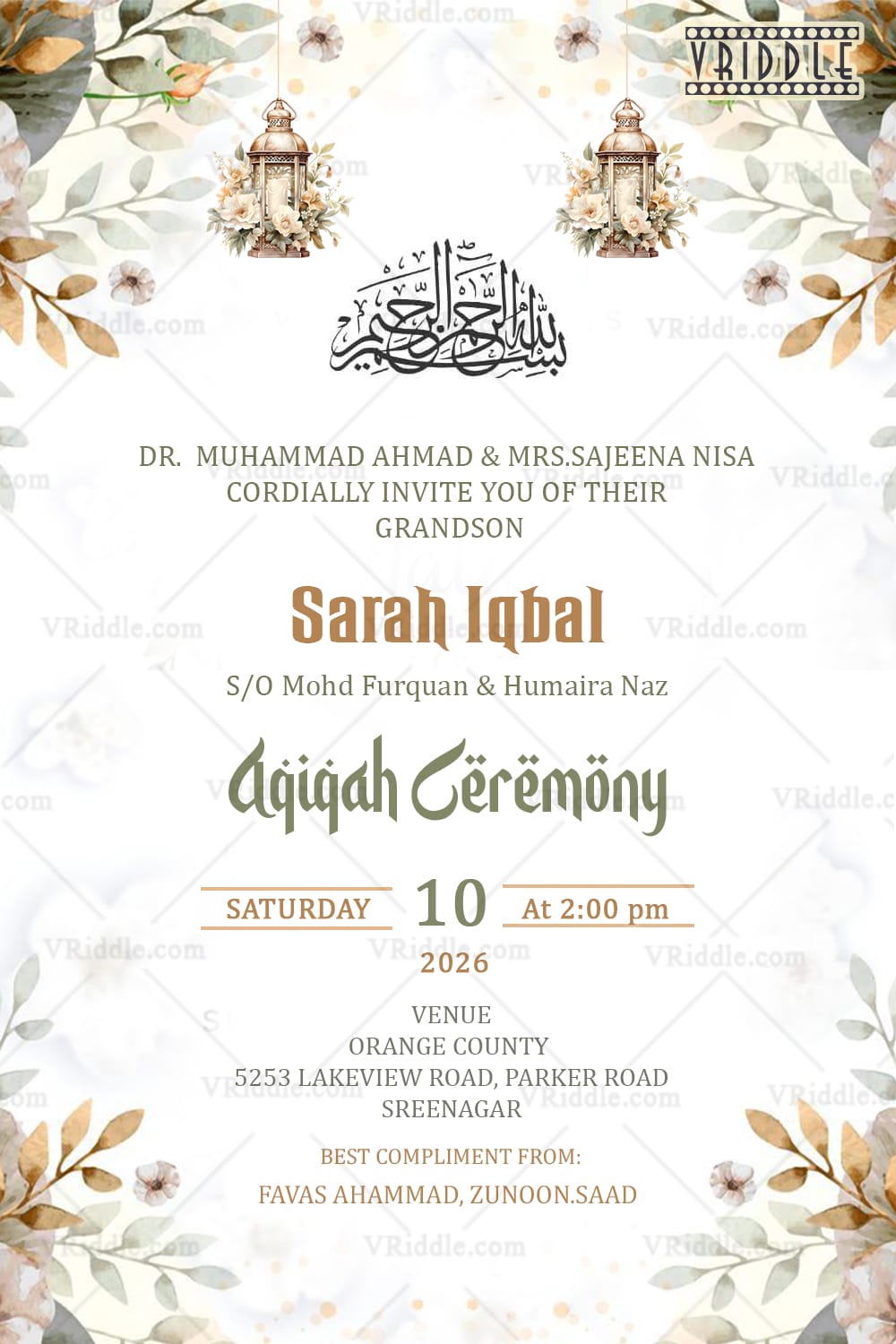 Elegant Aqiqah Ceremony Card Design with Beautiful Lantern & Leafy Floral Aesthetic