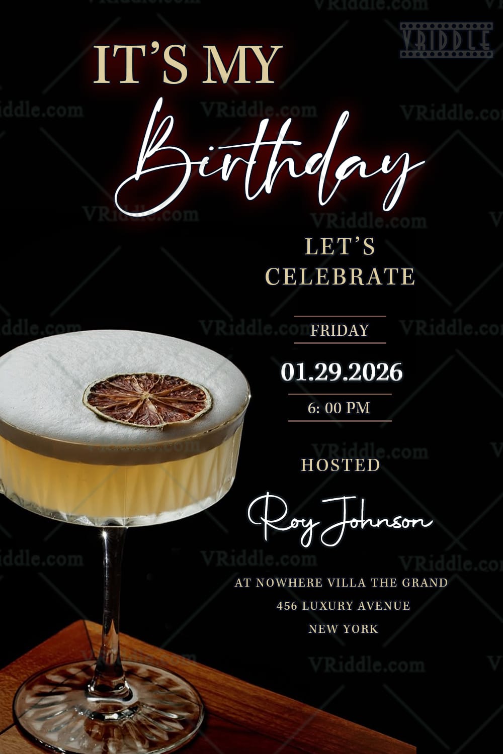 Elegant Black Theme Birthday Celebration Design with Cocktail