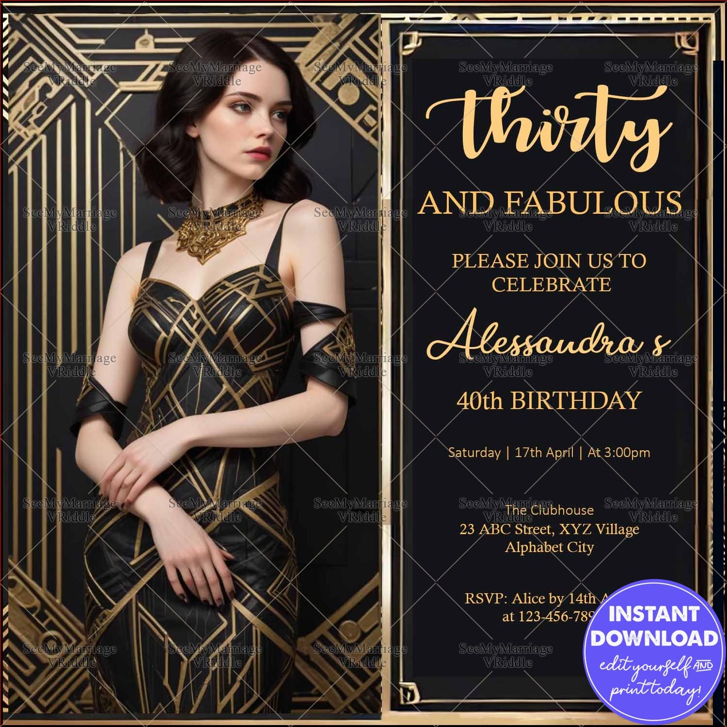 Elegant Black and Gold 40th Birthday Invitation with Luxury Art Deco Design
