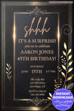 Elegant Black and Gold Surprise 45th Birthday Invitation with Sophisticated Art Deco Accents
