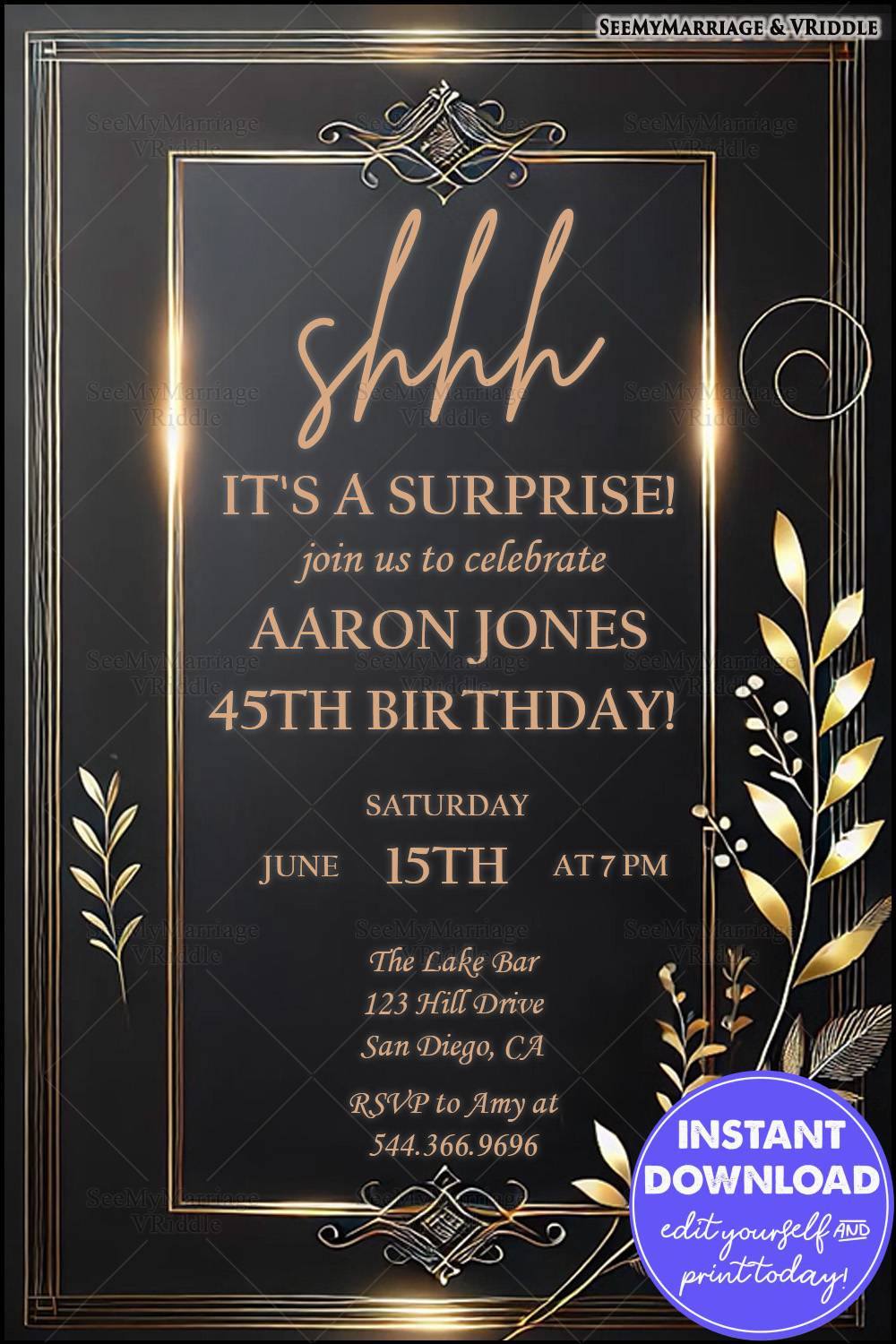 Elegant Black and Gold Surprise 45th Birthday Invitation with Sophisticated Art Deco Accents