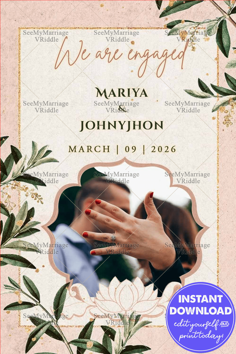 Elegant Blush Engagement Announcement with Soft Pink, Greenery Theme & Ring Display
