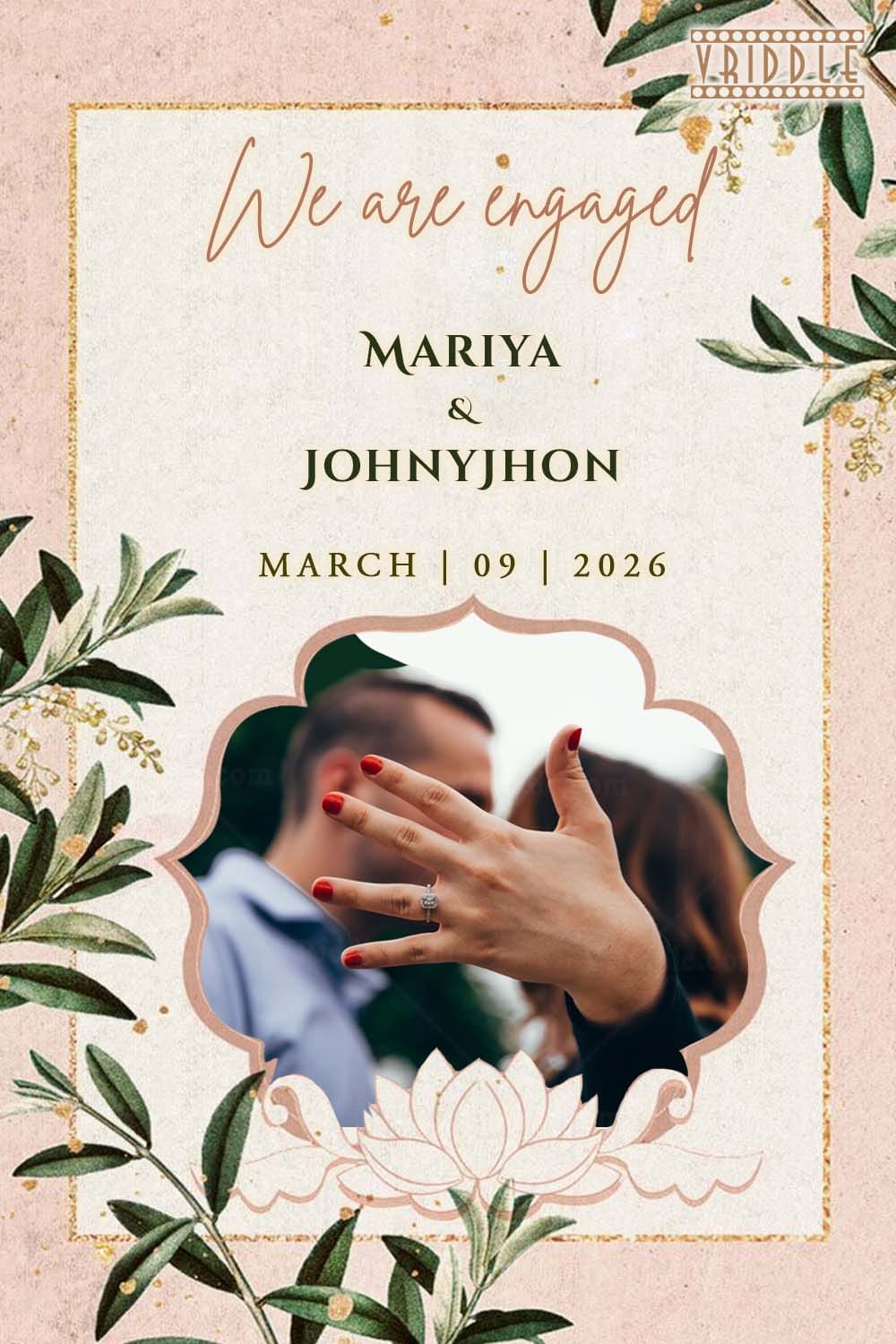 Elegant Blush Engagement Invitation with Soft Pink, Greenery Theme & Ring Display