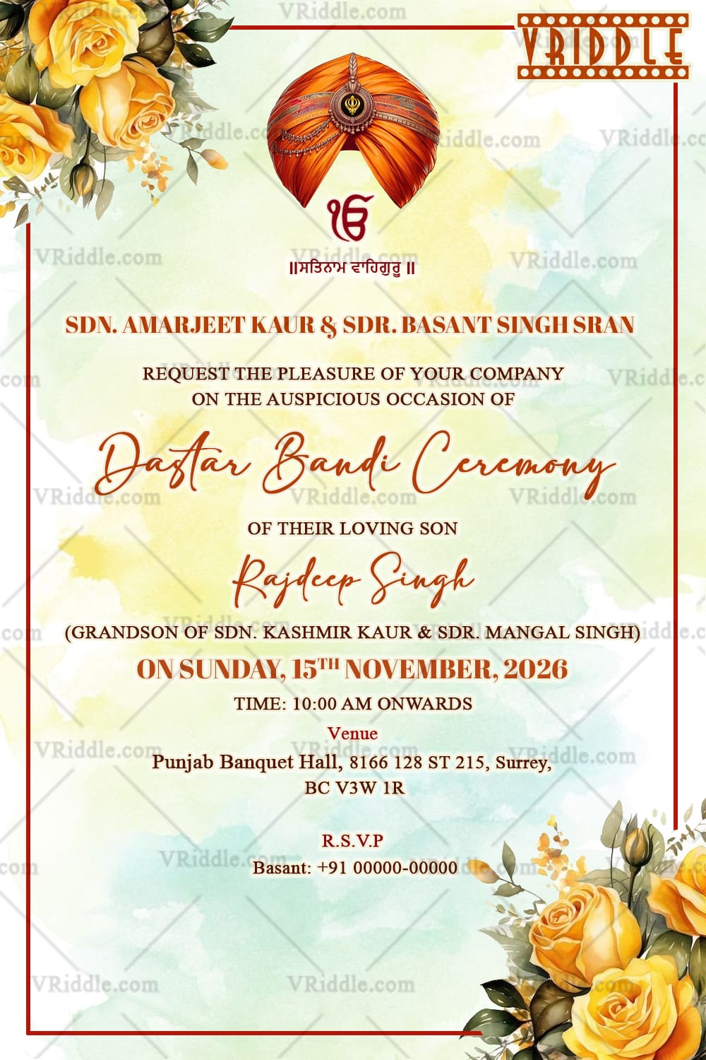 Elegant Dastar Bandi Invitation Card with Yellow Rose Design and Orange Turban Artwork
