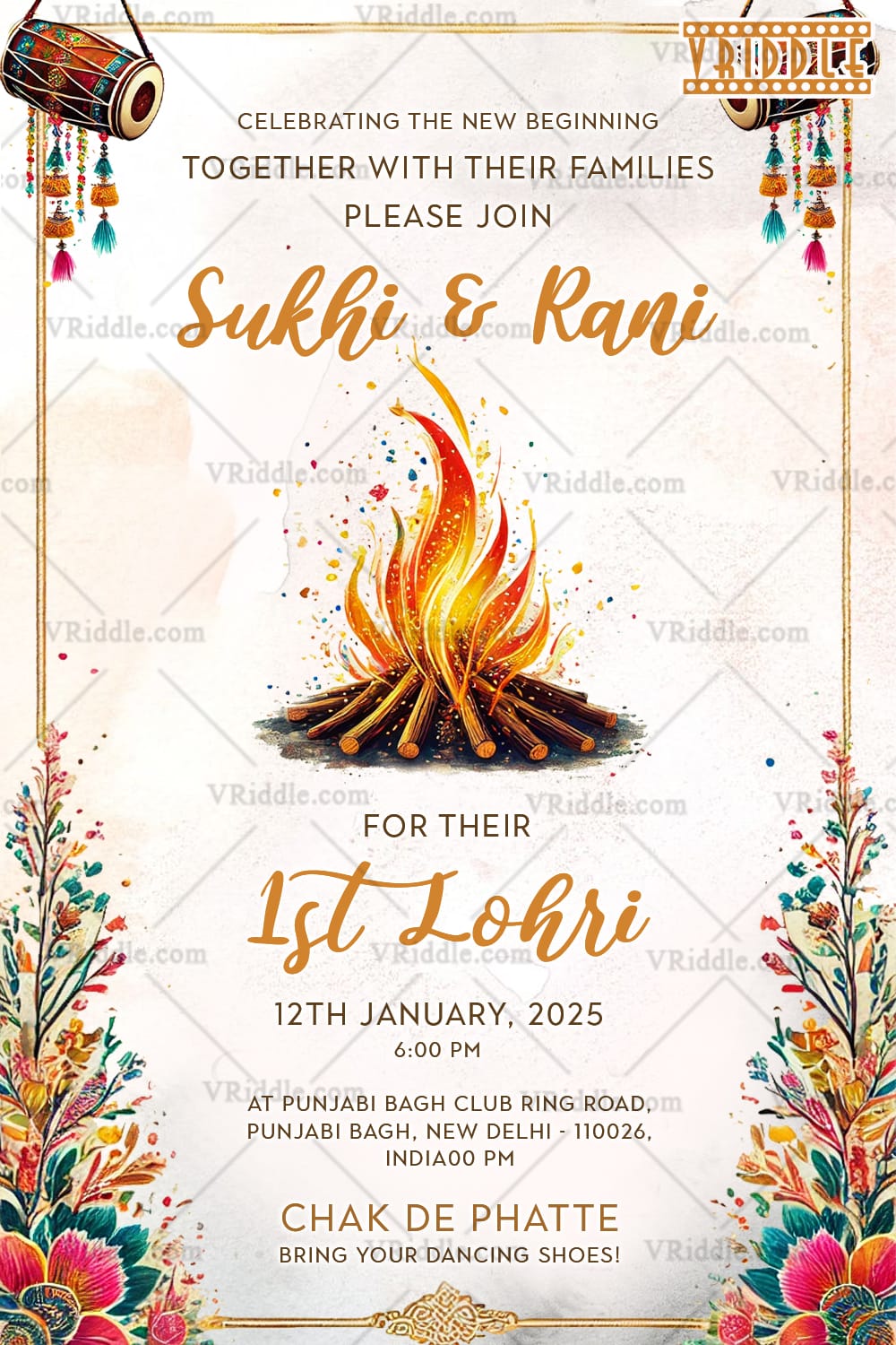 Elegant First Lohri Invitation With Bonfire & Floral Design