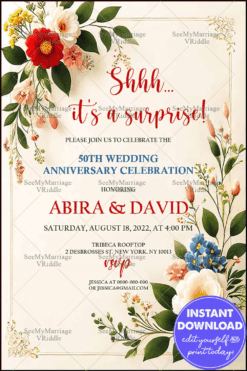 Elegant Floral 50th Wedding Anniversary Invitation with Red and White Blooms and Leafy Accents