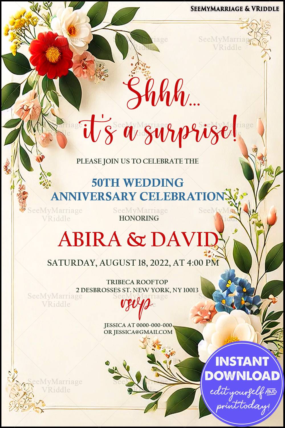 Elegant Floral 50th Wedding Anniversary Invitation with Red and White Blooms and Leafy Accents