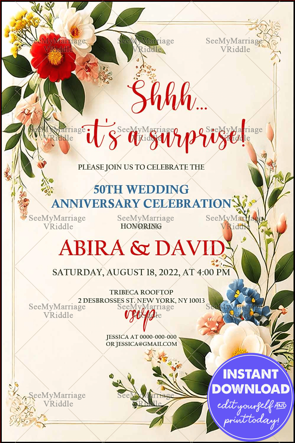 Elegant Floral 50th Wedding Anniversary Invitation with Red and White Blooms and Leafy Accents