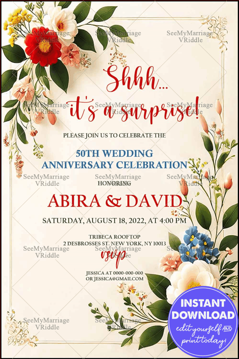 Elegant Floral 50th Wedding Anniversary Invitation with Red and White Blooms and Leafy Accents