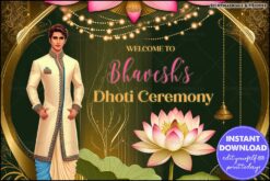 Elegant Golden Dhoti Ceremony Welcome Poster with Lotus Motifs, and Vibrant Green Background