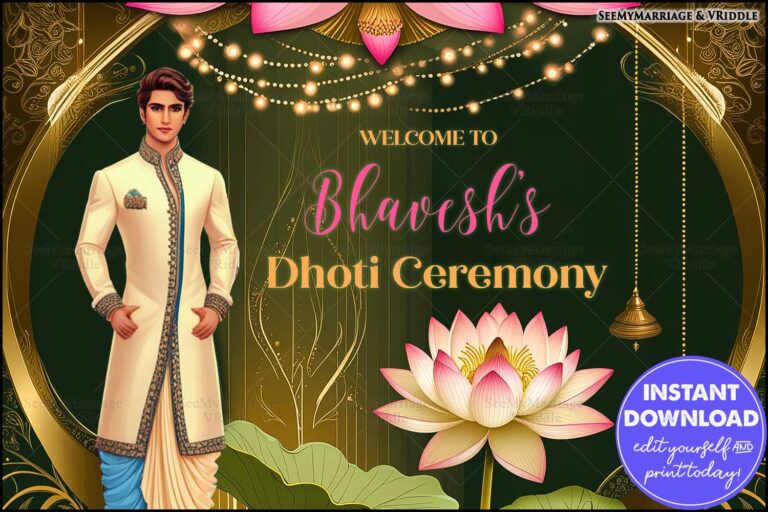 Elegant Golden Dhoti Ceremony Welcome Poster with Lotus Motifs, and Vibrant Green Background