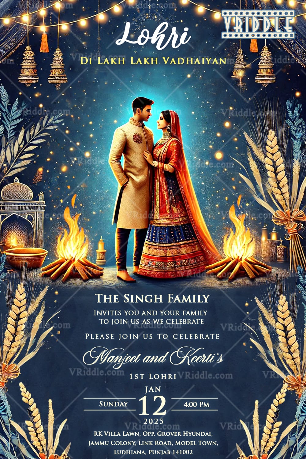 Elegant Lohri Invitation with Romantic Couple, Bonfire and Festive Decor