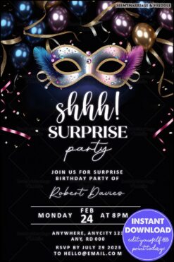Elegant Masquerade Surprise Birthday Invitation with Gold Balloons, Ribbons and Festive Feather Mask Design
