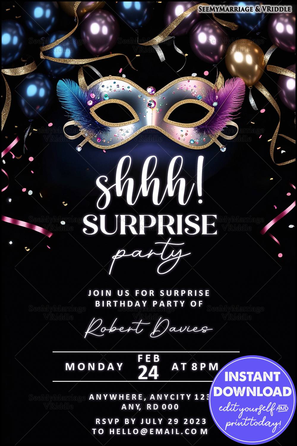 Elegant Masquerade Surprise Birthday Invitation with Metallic Balloons,Ribbons and Festive Feather Mask Design