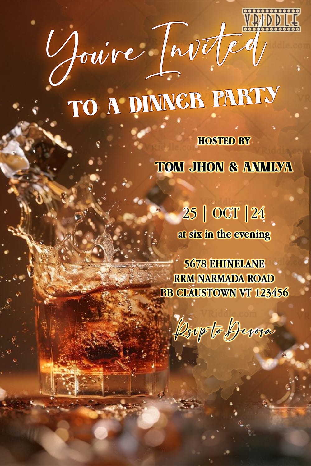 Elegant Whiskey Splash Dinner Party Invitation Card