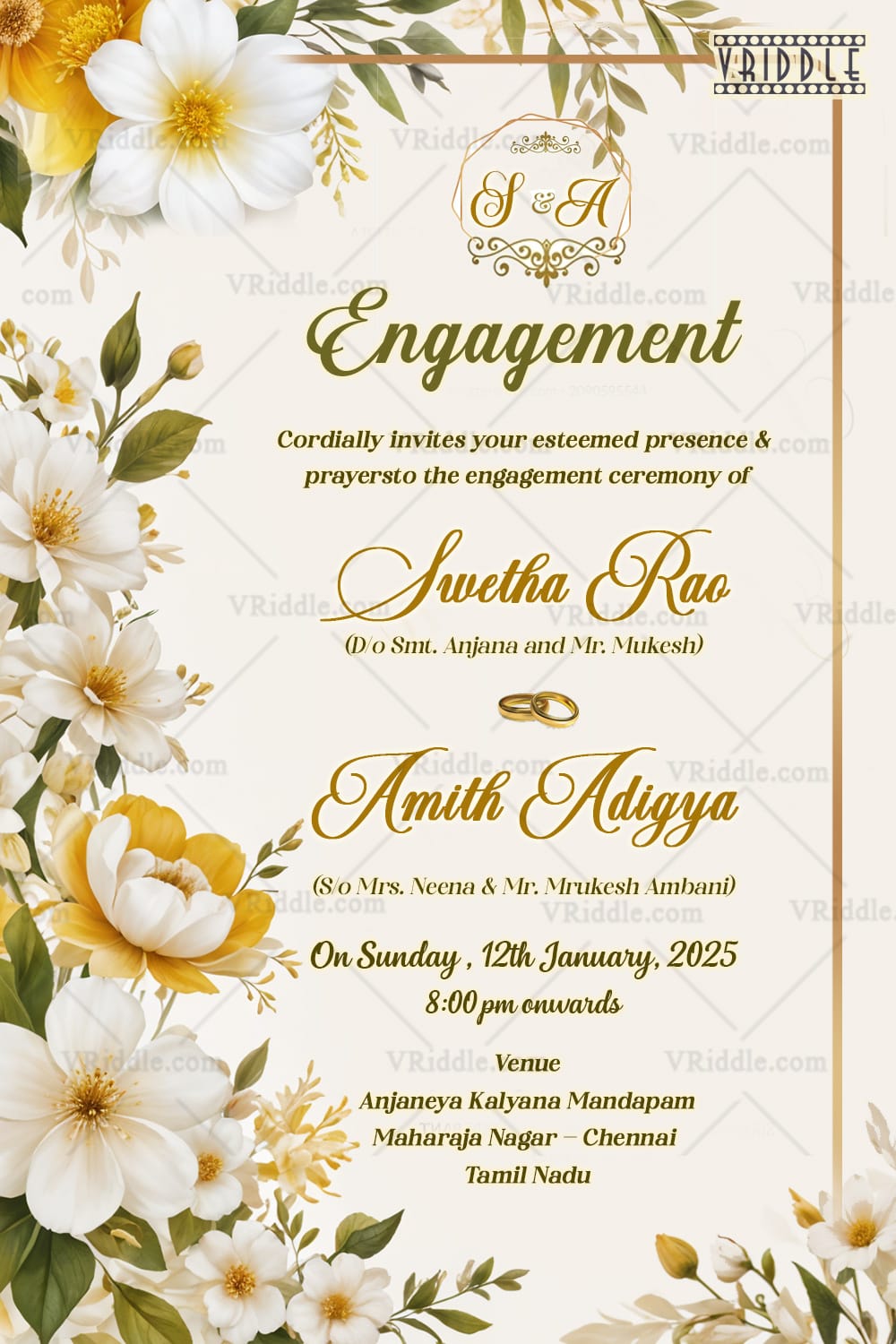 Floral Engagement Invitation with Gold Rings and Yellow Flowers Design