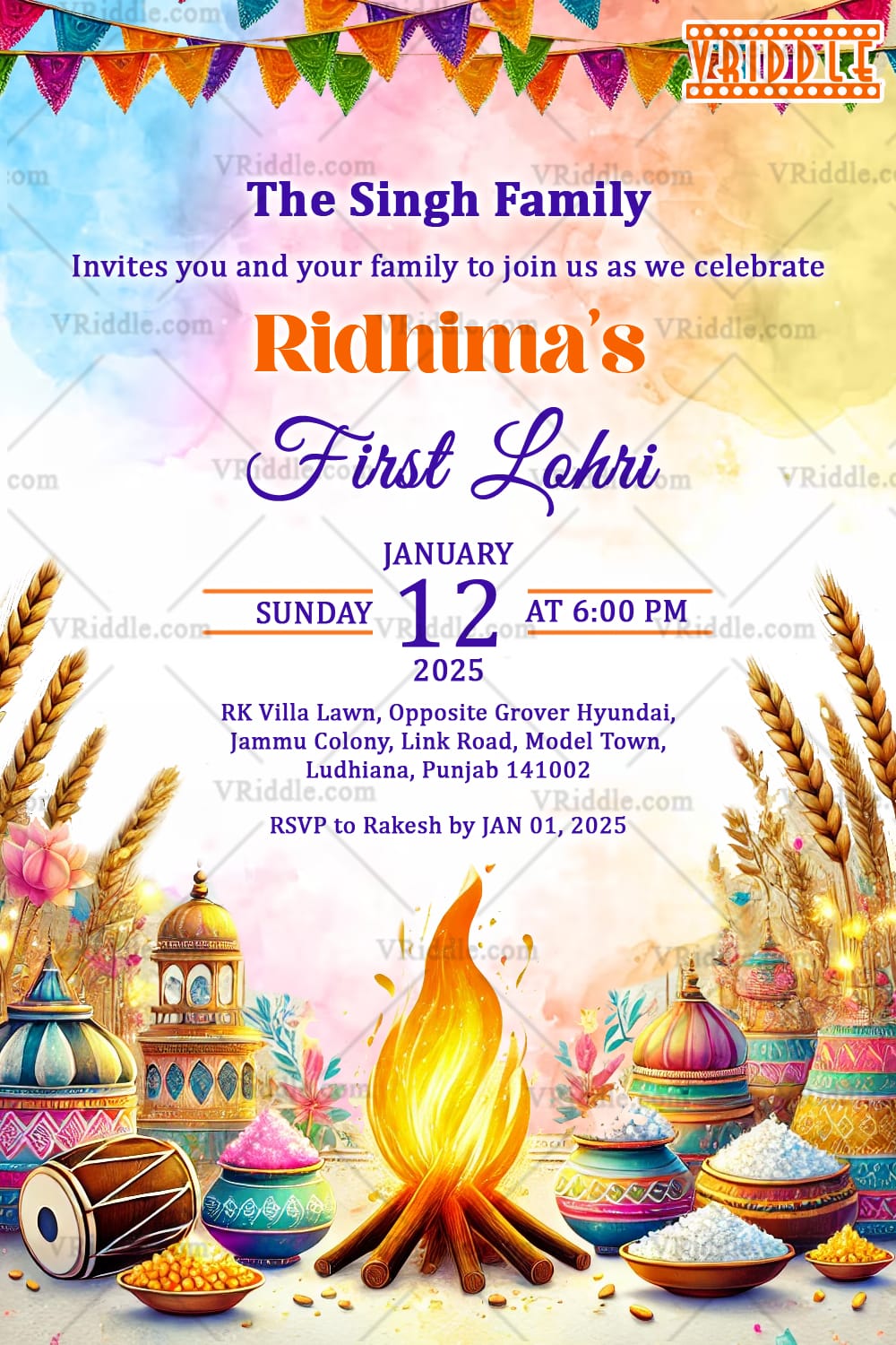 Festive Bonfire Lohri Invitation with Festive Decorations Theme