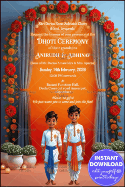 Festive Decor Joint Dhoti Ceremony Invitation Floral Garlands, Draped Curtains and Boys Illustration