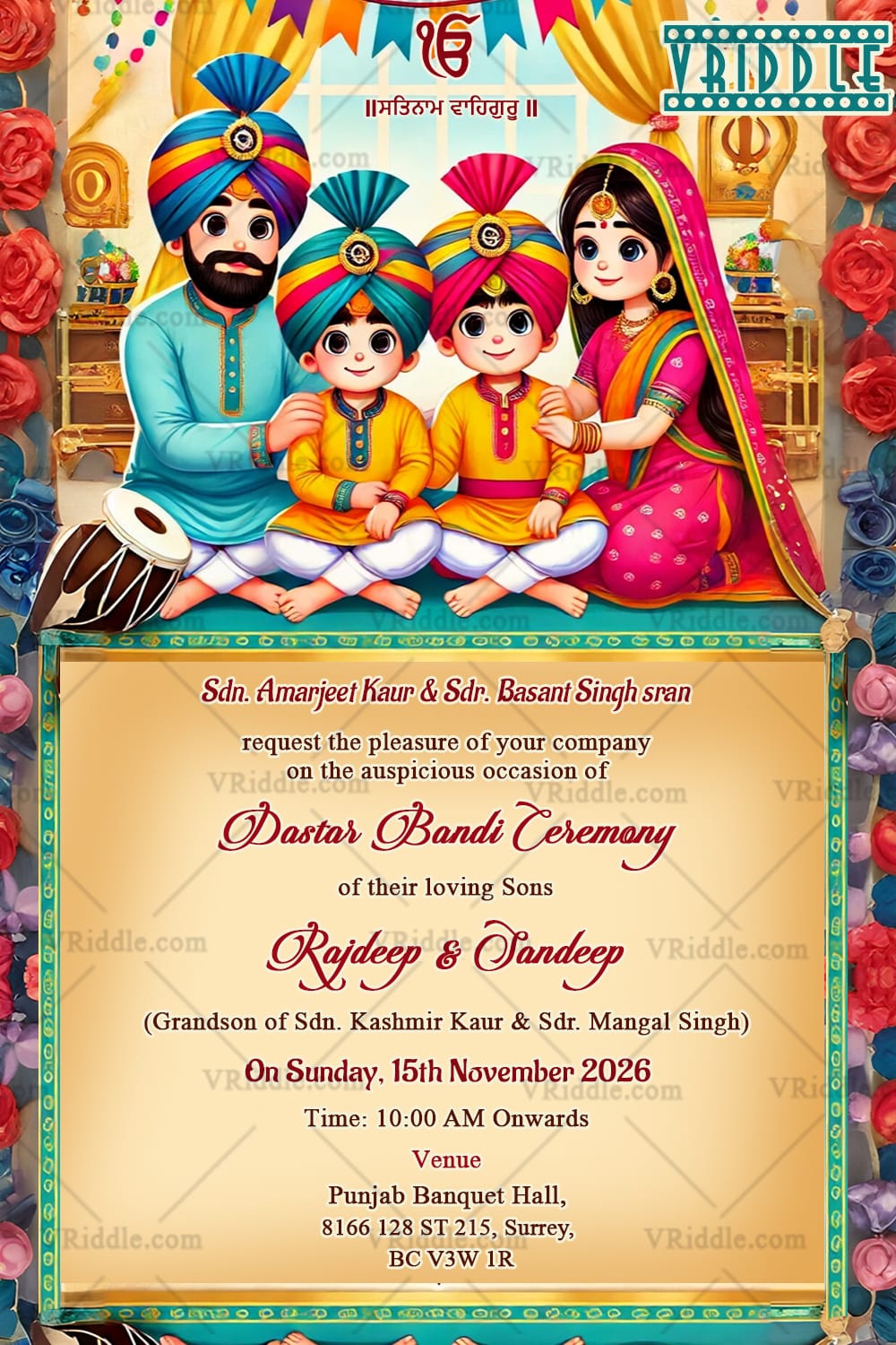 Festive Family Dastar Bandi Invitation Card with Vibrant Decorations