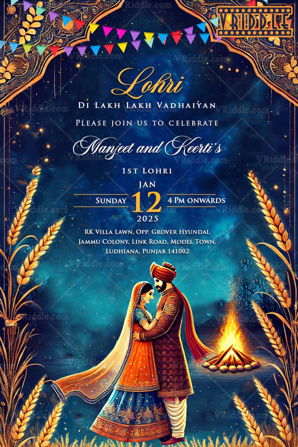 Festive Lohri Invite with Romantic Couple, Bonfire, and Starry Backdrop