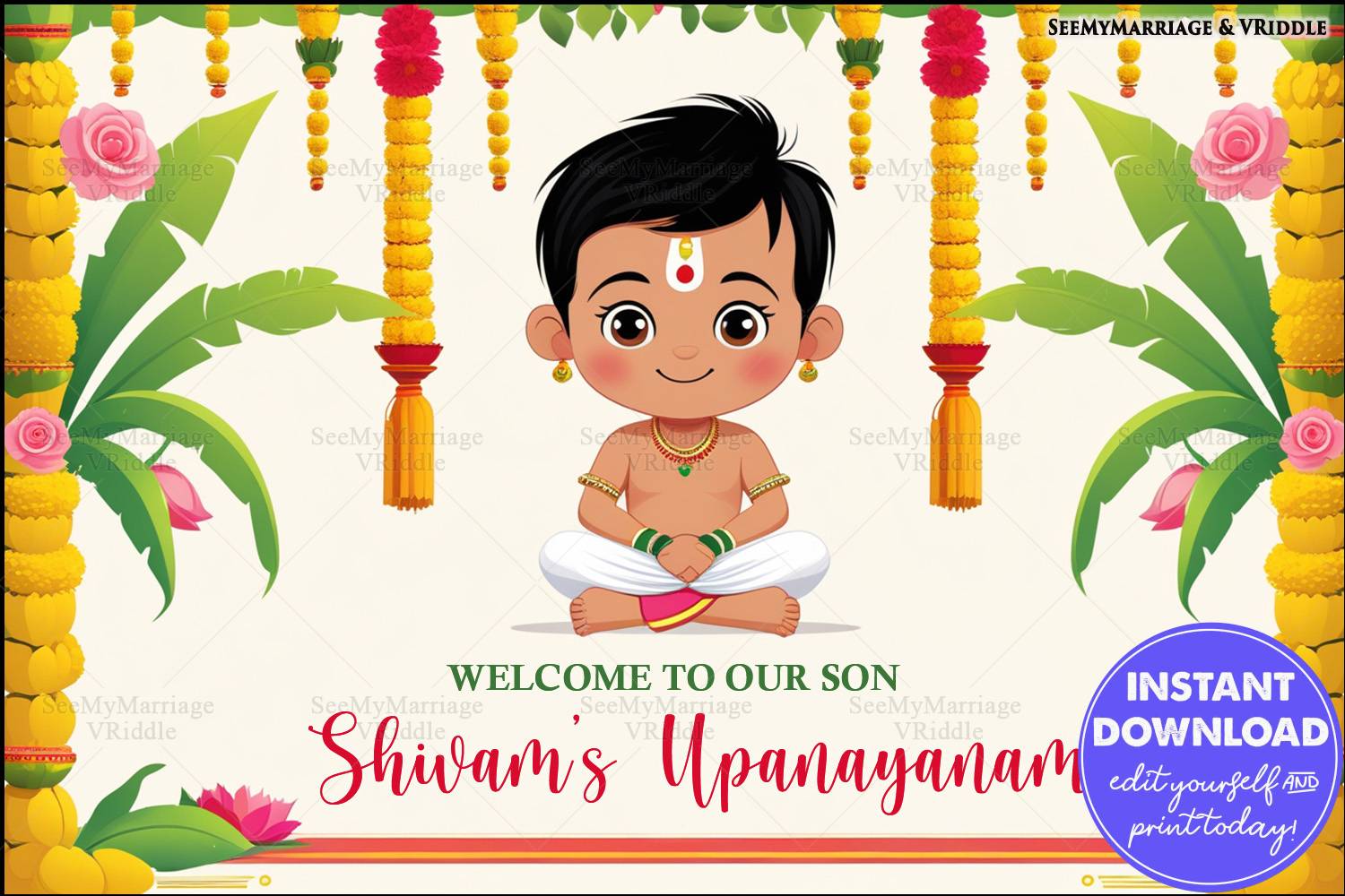 Festive Upanayanam Welcome Banner with a Boy Illustration, Marigold Garlands and Floral Accents