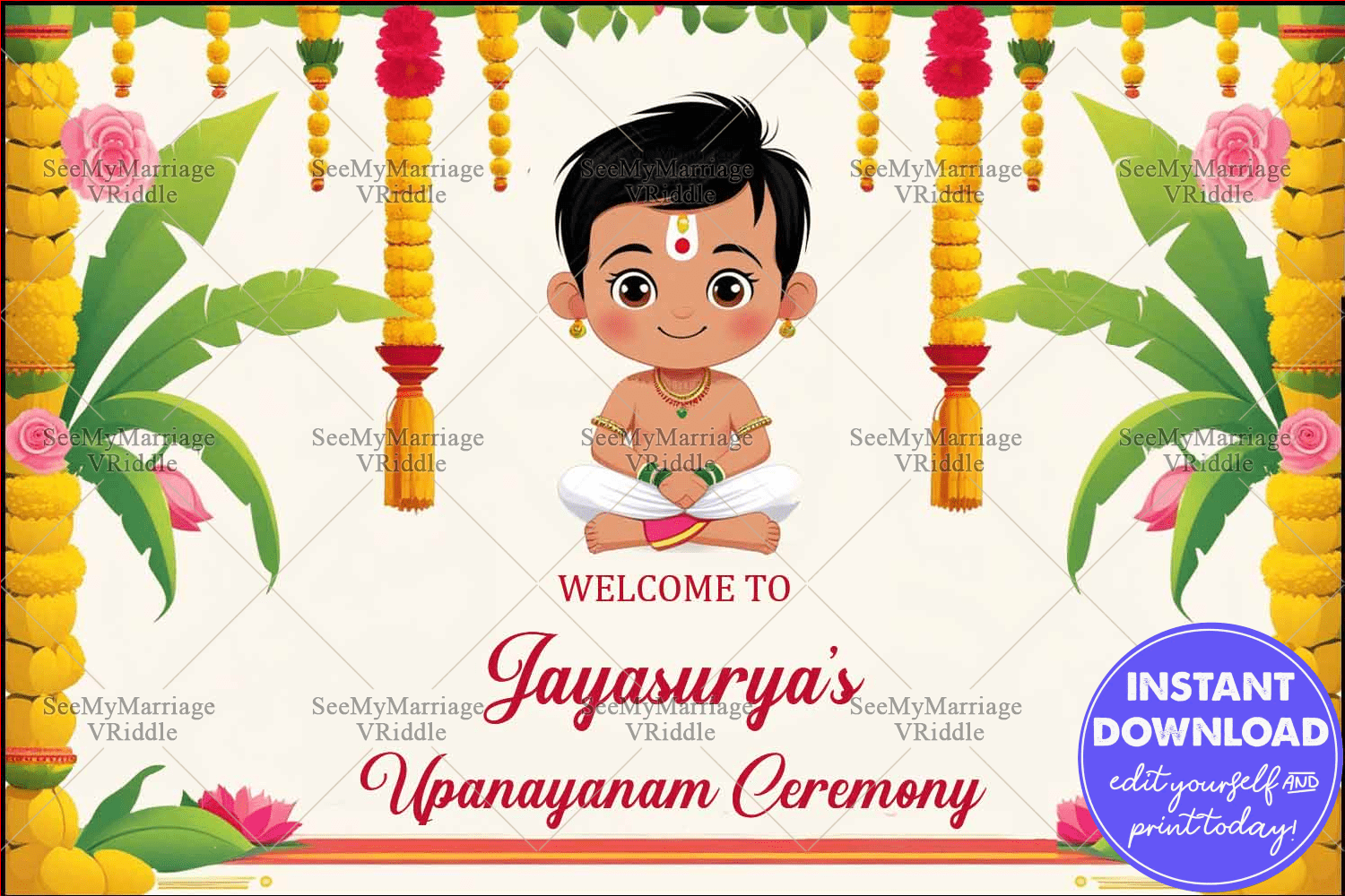 Festive Upanayanam Welcome Banner with a Boy Illustration, Marigold Garlands and Floral Accents