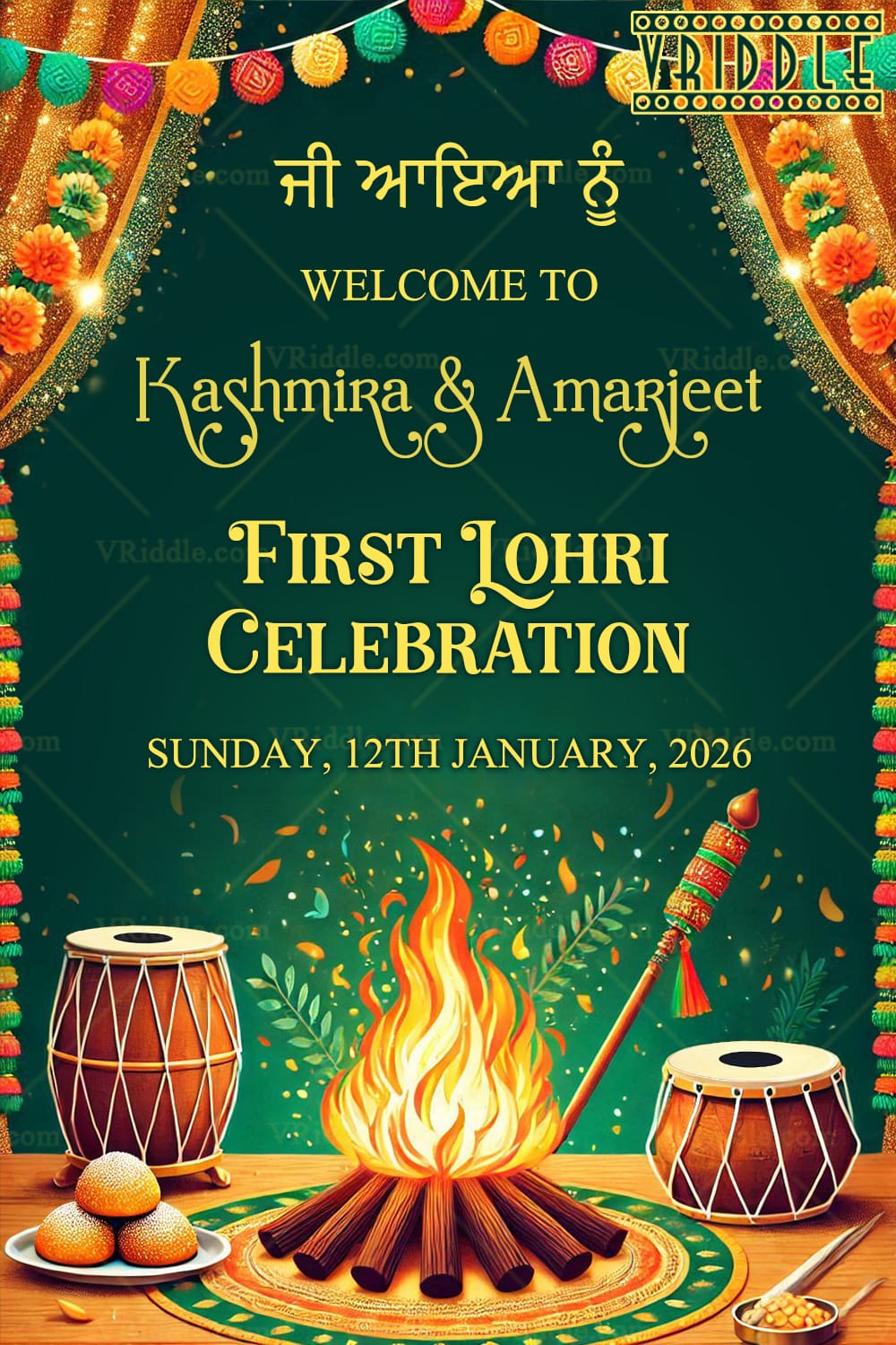 First Lohri Celebration Poster with Colorful Bonfire, Dhol and Decor