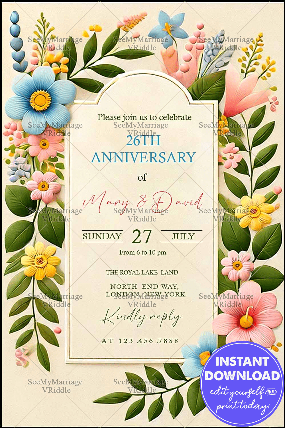 Floral 26th Anniversary Invitation with Pastel Blooms, Elegant Typography, and a Fresh Spring Vibe
