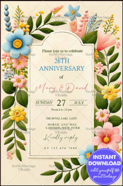 Floral 26th Anniversary Invitation with Pastel Blooms, Elegant Typography, and a Fresh Spring Vibe