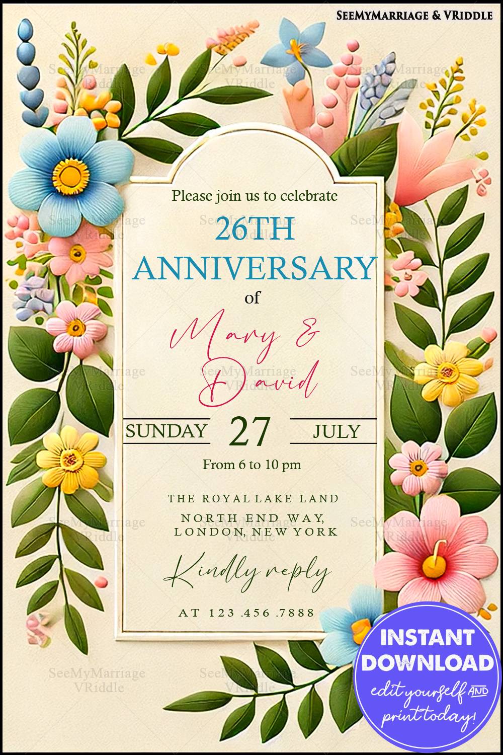 Floral 26th Anniversary Invitation with Pastel Blooms, Elegant Typography, and a Fresh Spring Vibe
