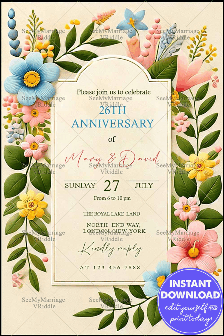 Floral 26th Anniversary Invitation with Pastel Blooms, Elegant Typography, and a Fresh Spring Vibe