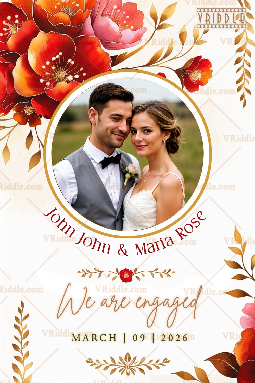 Floral Elegance Engagement Announcement Card with Romantic Couple Portrait with Gold Accents