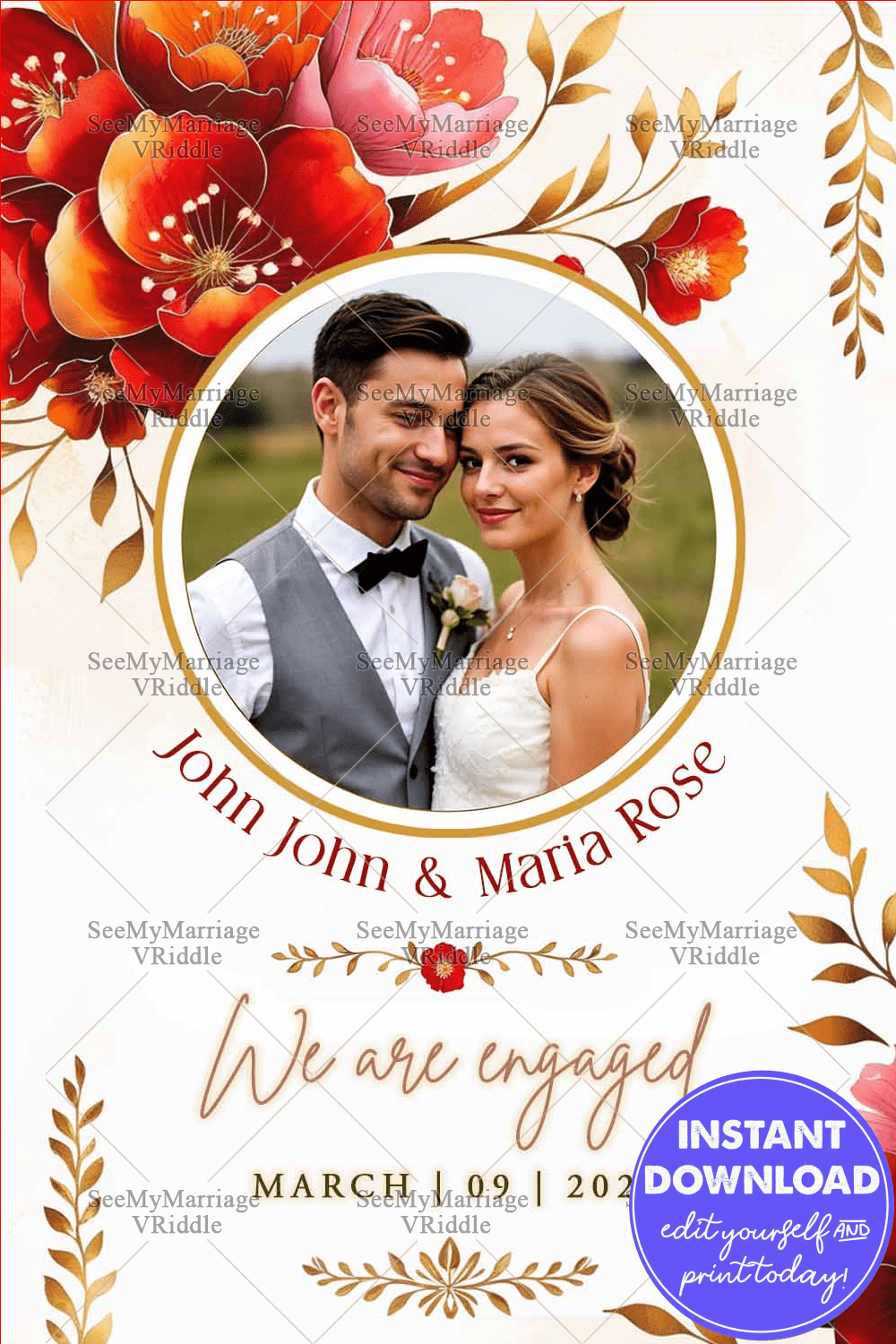 Floral Elegance Engagement Announcement Card with Romantic Couple Portrait with Gold Accents