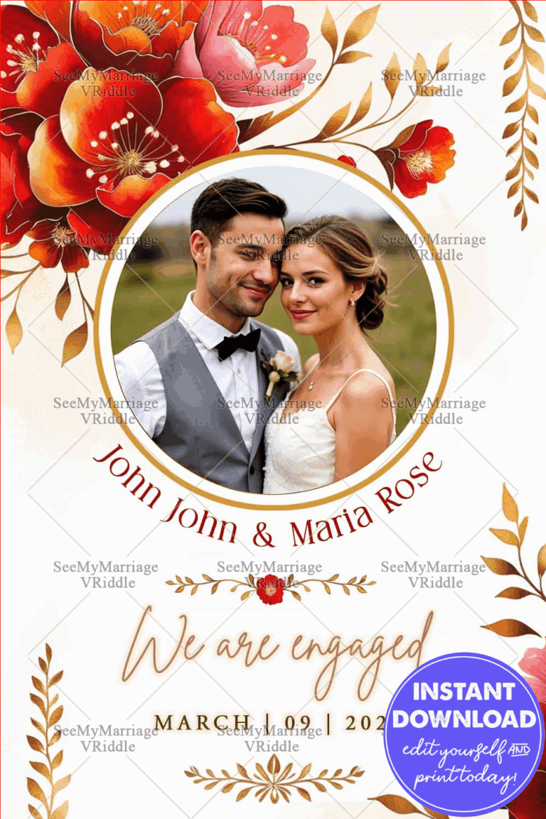Floral Elegance Engagement Announcement Card with Romantic Couple Portrait with Gold Accents