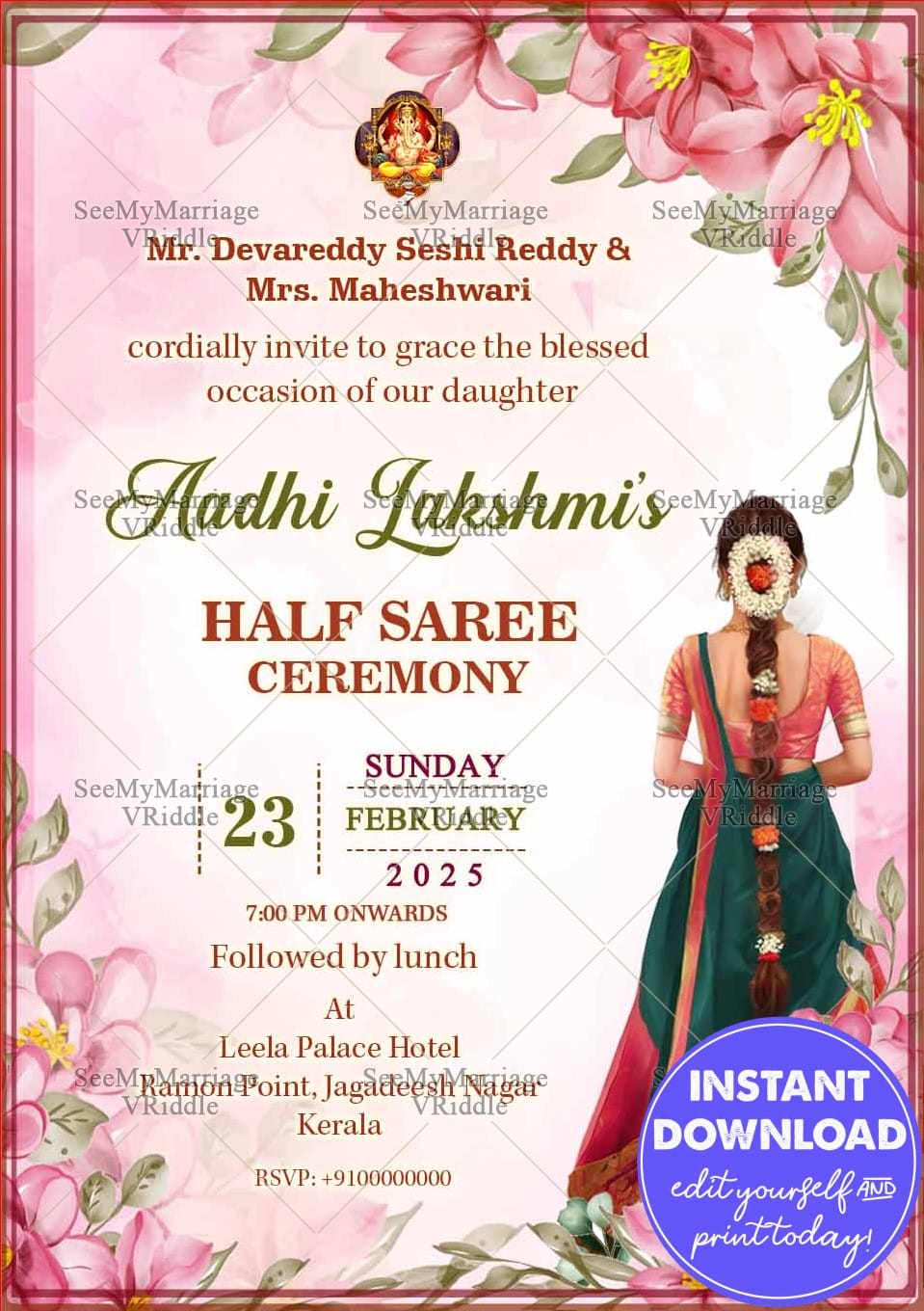 Floral Elegance Half Saree Ceremony Invitation Card with Traditional Design and Ganesha Motif