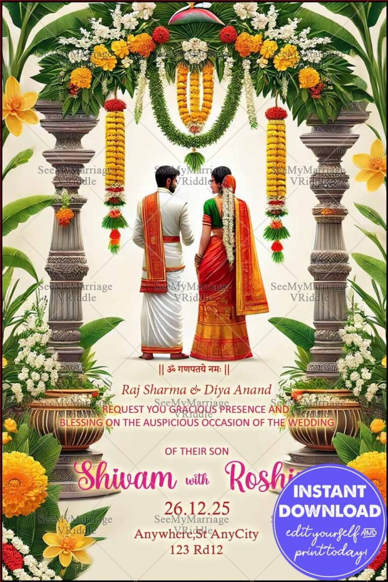 South Indian Wedding Invitation with Traditional Floral Garlands, Temple Pillars, Couple Illustration and Cultural Elements