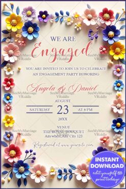 Floral Engagement Party Invitation with Vibrant Paper Flower Wreath and Elegant Cream Background