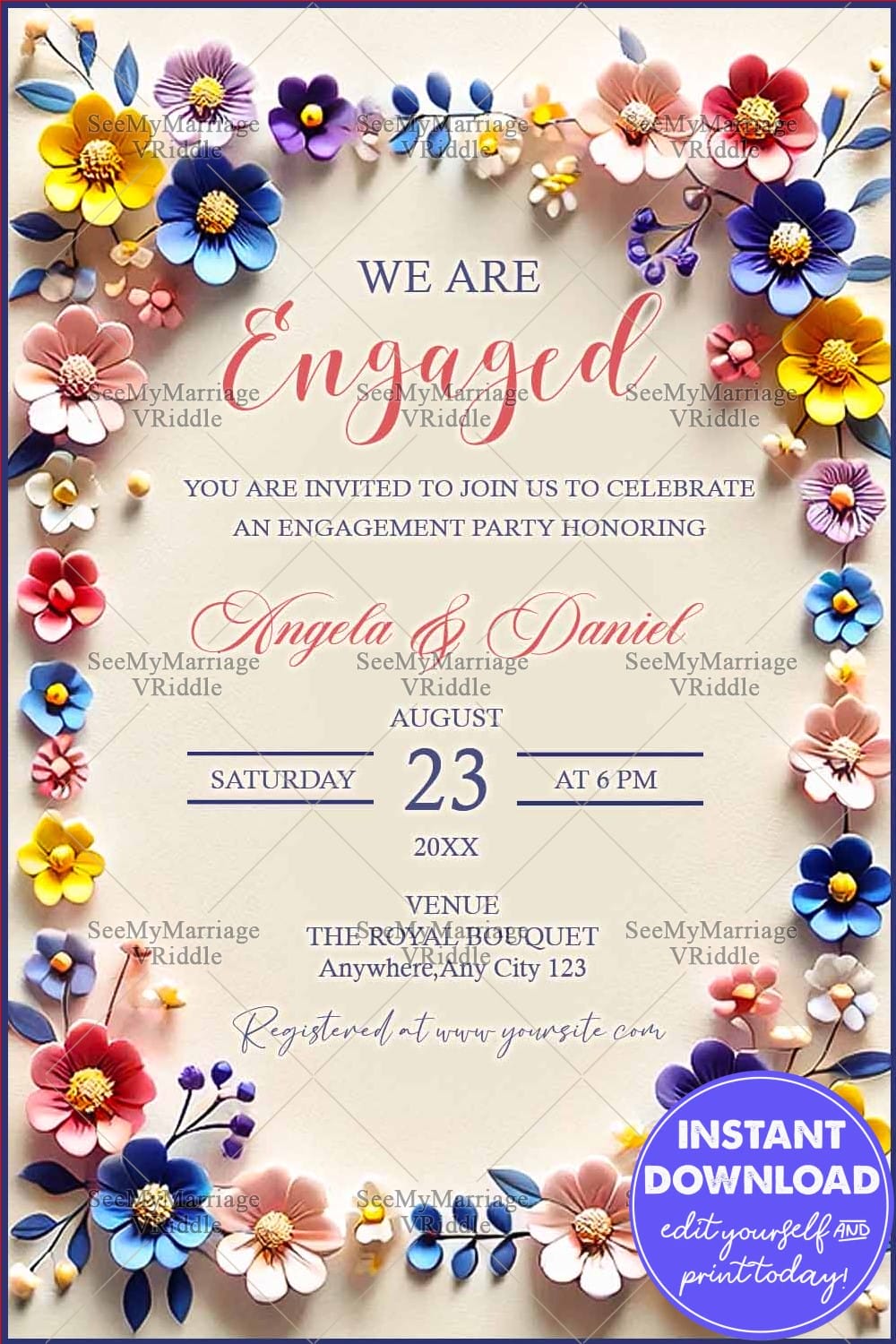 Floral Engagement Party Invitation with Vibrant Paper Flower Wreath and Elegant Cream Background