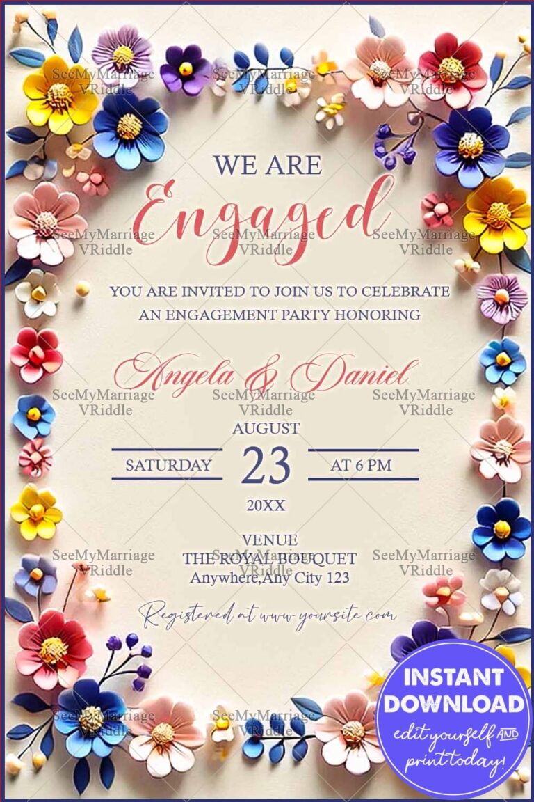 Floral Engagement Party Invitation with Vibrant Paper Flower Wreath and Elegant Cream Background