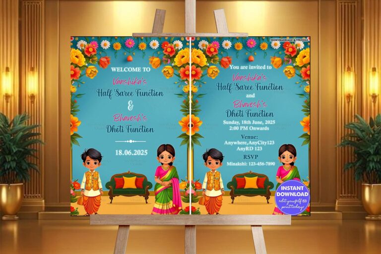 Floral Half Saree and Dhoti Function Invitation and Welcome Poster Bright Teal Background and Cultural Illustrations