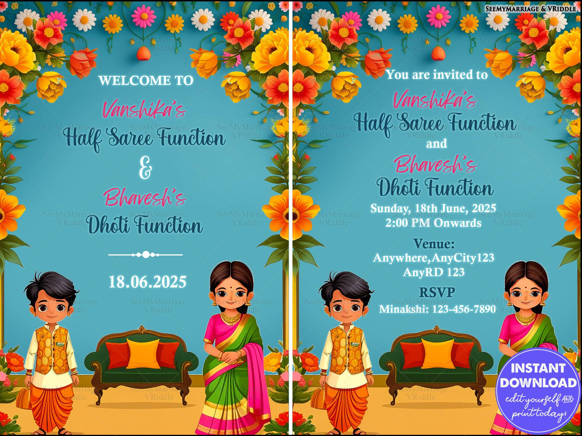 Floral Half Saree and Dhoti Function Invitation and Welcome Poster Bright Teal Background and Cultural Illustrations