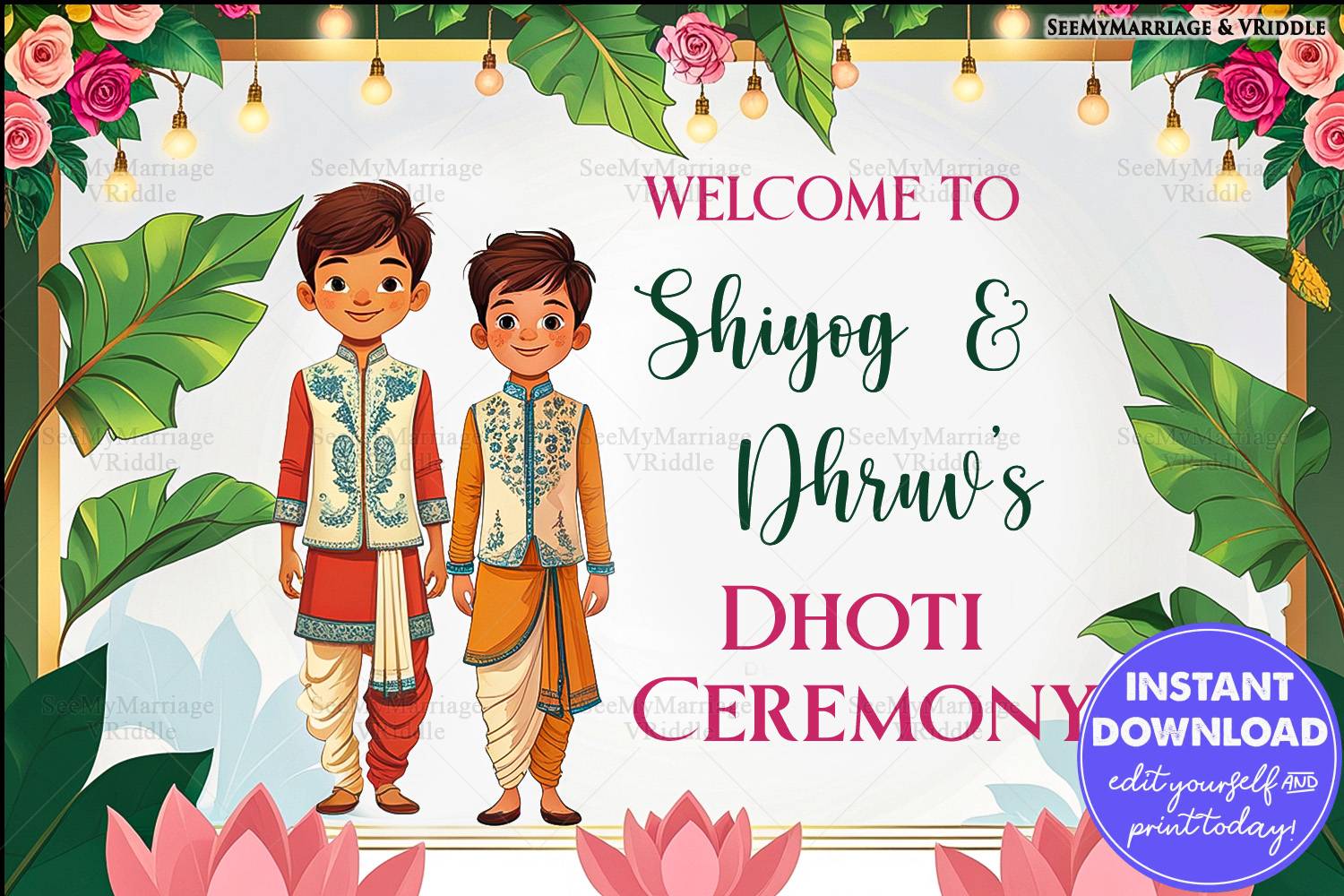 Floral-Themed Dhoti Ceremony PosterBanner with Green Leaves and Warm String Lights