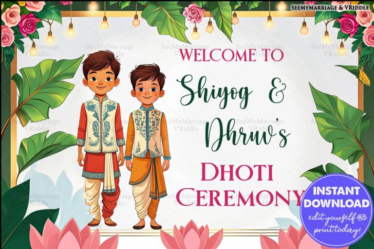 Floral-Themed Dhoti Ceremony PosterBanner with Green Leaves and Warm String Lights