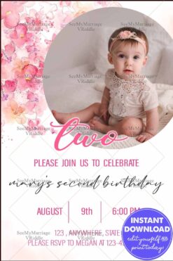Floral-Themed Second Birthday Invitation with Baby Photo and Pastel Pink Accents
