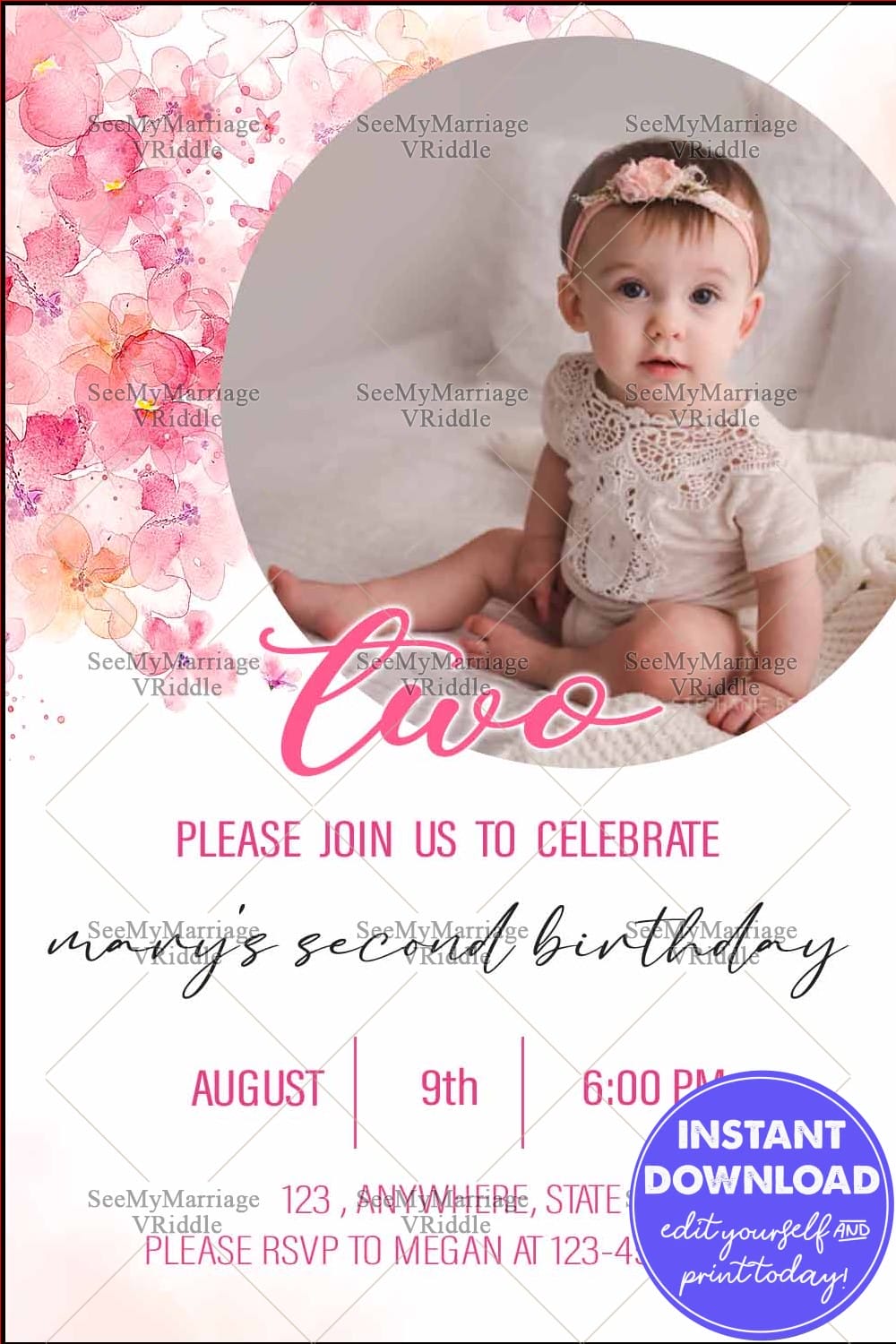 Floral-Themed Second Birthday Invitation with Baby Photo and Pastel Pink Accents