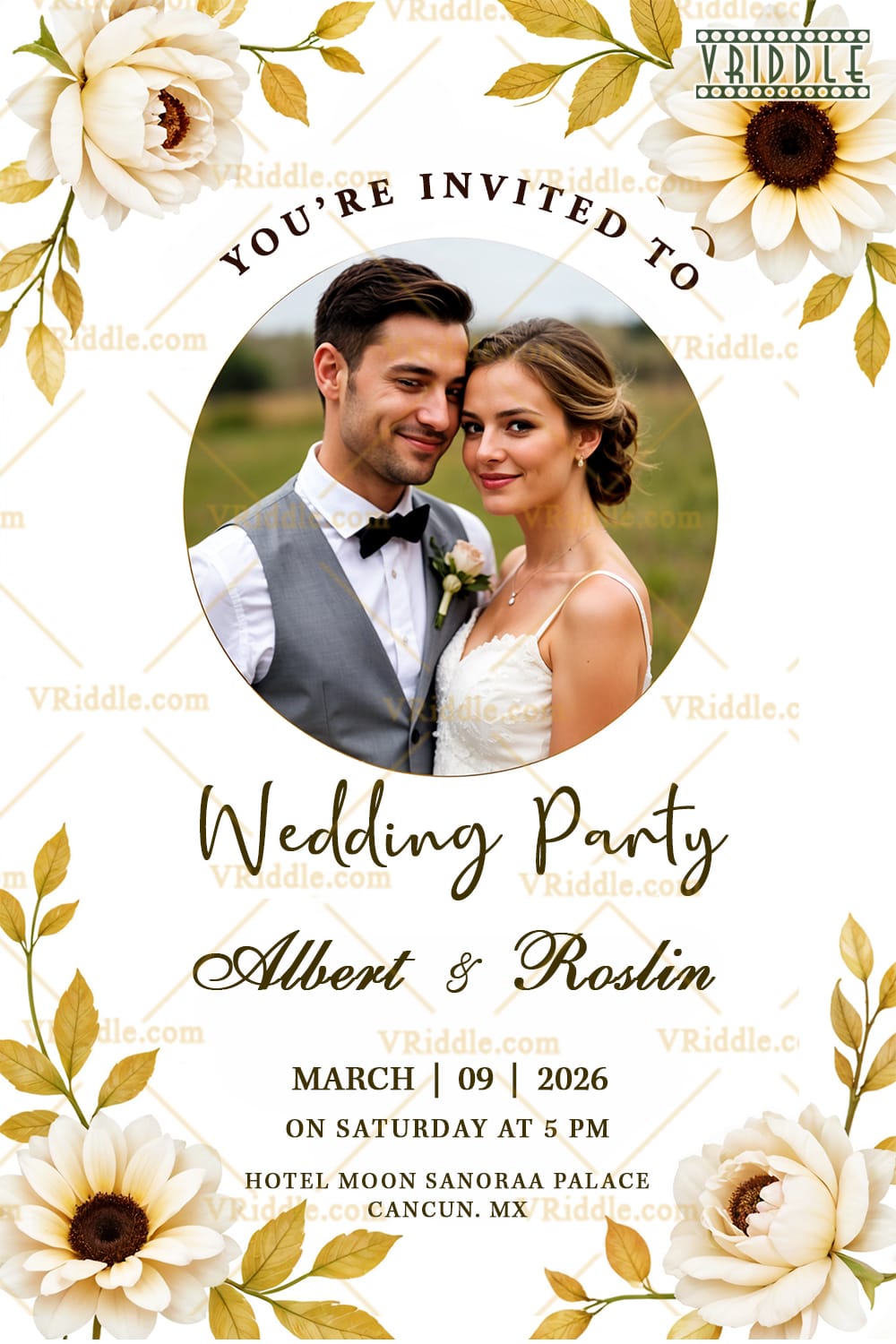 Floral-Themed Wedding Party Invitation with Ivory Flowers and Couple’s Portrait