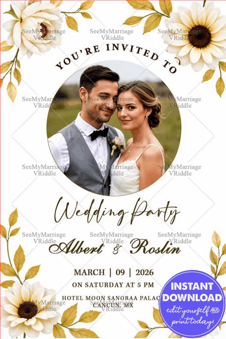 Floral-Themed Wedding Party Invitation with Ivory Flowers and Couple’s Portrait