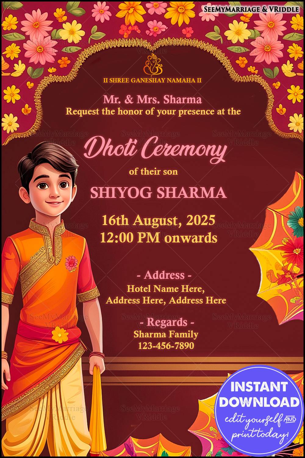 Floral Traditional Dhoti Ceremony Invite with Maroon Background and Vibrant Umbrella Motifs